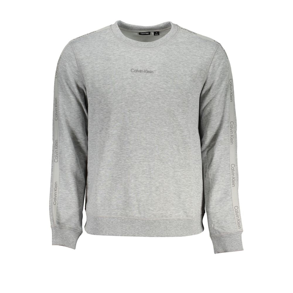 Calvin Klein Gray Polyester Men Sweater with long sleeves, logo detail, and brushed crew neck for stylish comfort and casual sophistication.
