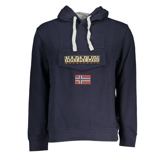 Napapijri Blue Cotton Men Sweater with logo and contrast details, featuring a cozy hood and central pocket for casual style and comfort.