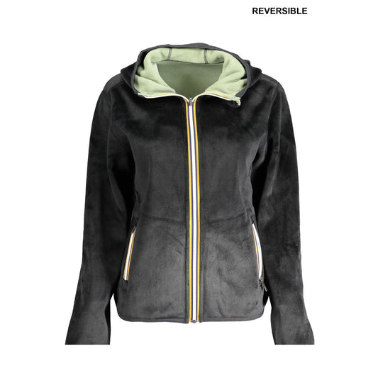 Reversible K-WAY Black Polyester Women Sweater with hood and contrast details, showing black with green reversible option.