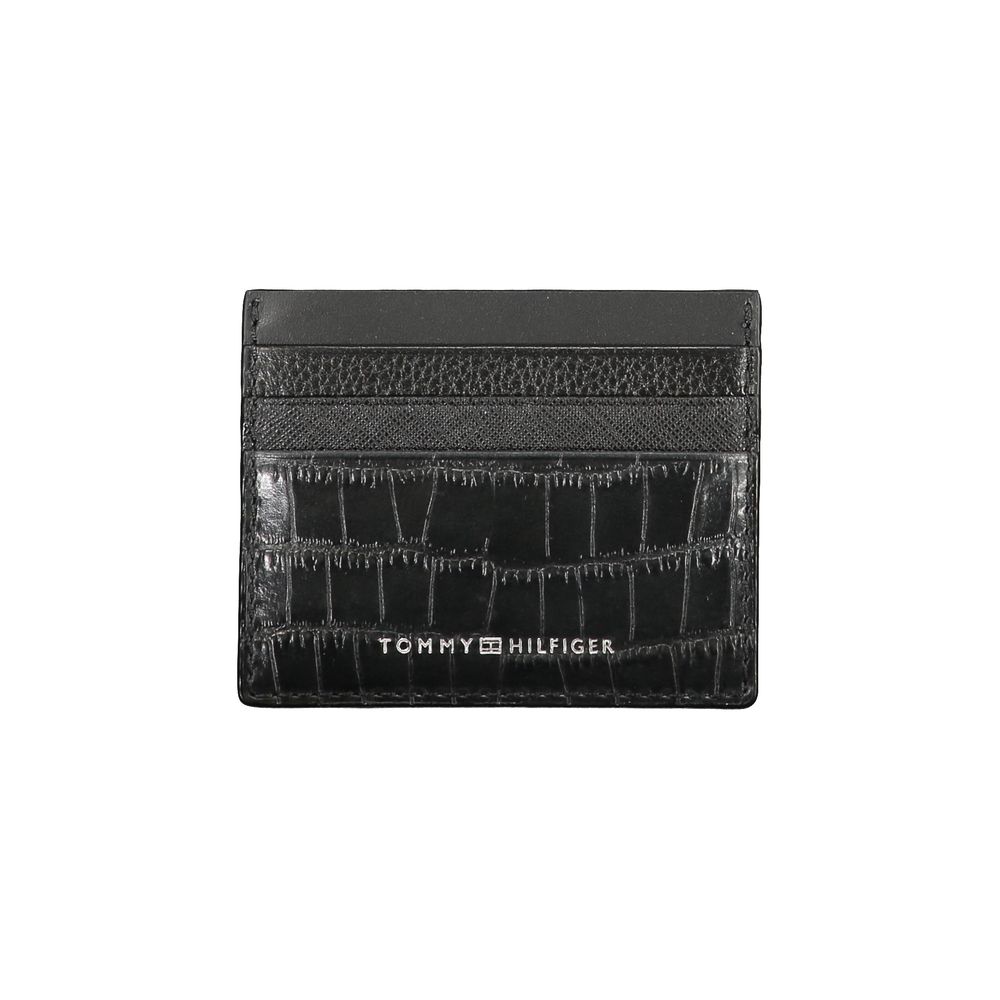 Tommy Hilfiger Black Leather Wallet with card holder and contrast details featuring logo. Sleek design for stylish organization.