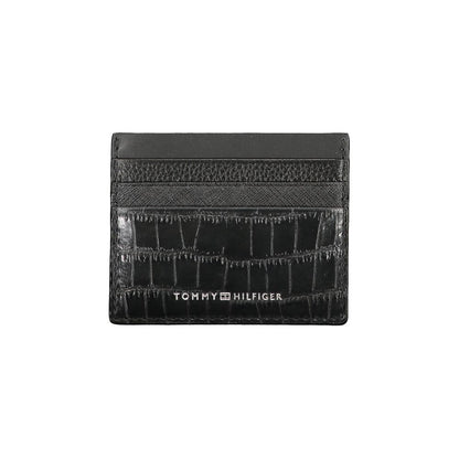 Tommy Hilfiger Black Leather Wallet with card holder and contrast details featuring logo. Sleek design for stylish organization.