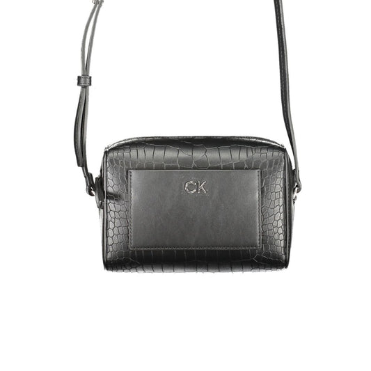 Calvin Klein Black Polyester Handbag with adjustable strap, external pocket, zip closure, and logo detail made from recycled material.