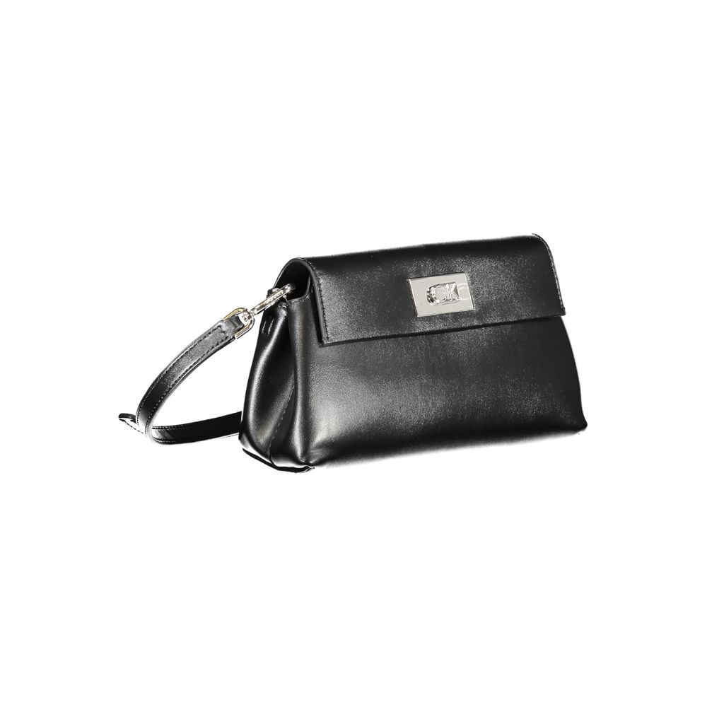 Calvin Klein Black Polyester Handbag with adjustable strap, logo, and snap closure, made from 50% recycled polyester.