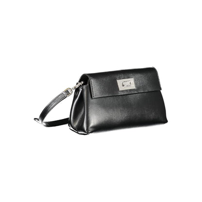 Calvin Klein Black Polyester Handbag with adjustable strap, logo, and snap closure, made from 50% recycled polyester.