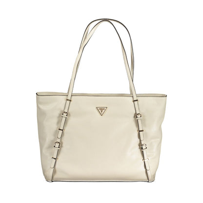 Guess Jeans Beige Polyethylene Handbag with two shoulder handles, external pocket, internal phone holder, and zip closure.