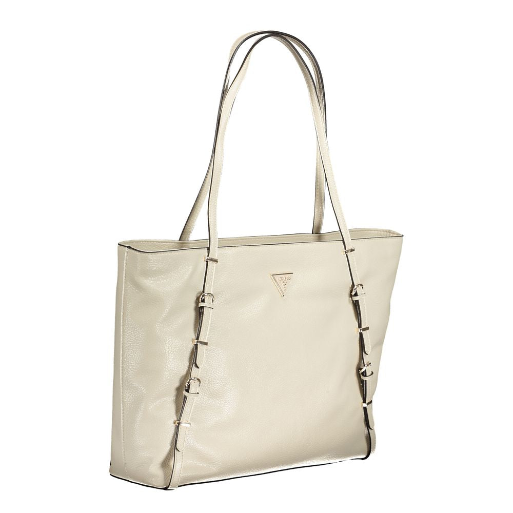 Guess Jeans Beige Polyethylene Handbag with shoulder handles, external pocket, protective feet, and logo design.