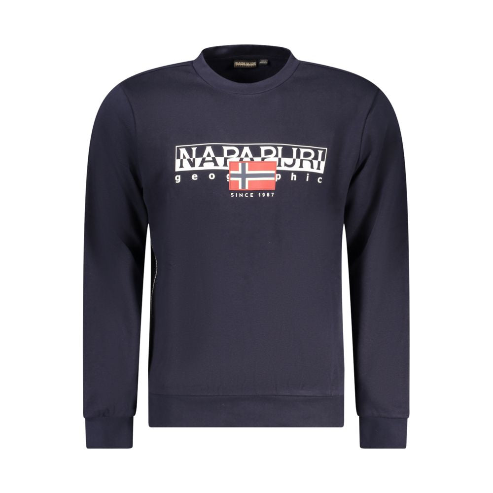 Napapijri Blue Cotton Men Sweater with logo and long sleeves, crew neck, and distinctive print for stylish comfort.