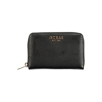 Alt Tag: Guess Jeans Black Polyethylene Wallet with zip closure, three compartments, card spaces, and logo detailing.