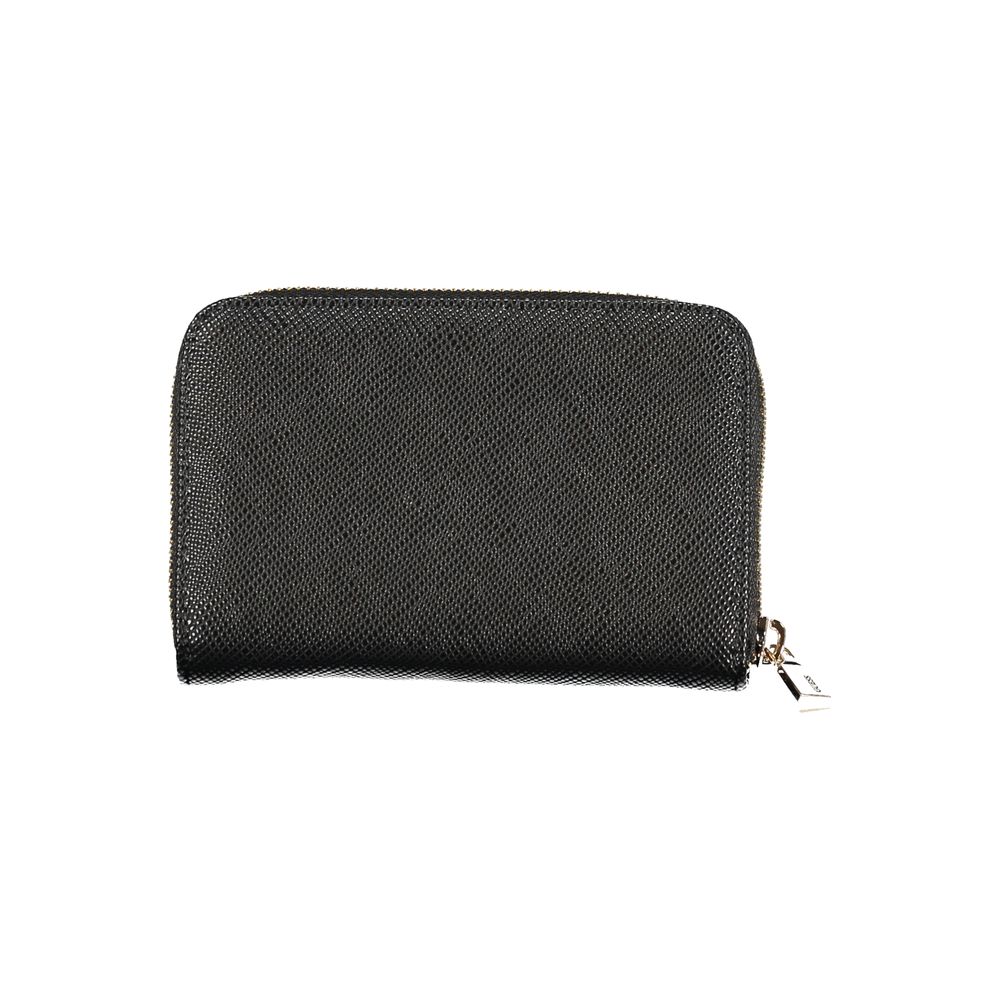 Guess Jeans Black Polyethylene Wallet with 3 compartments, coin purse, card spaces, and zip closure.