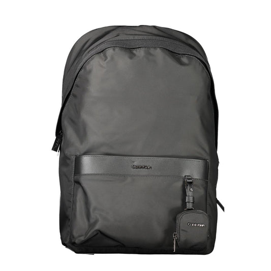 Calvin Klein Black Polyester Backpack with pockets, adjustable straps, laptop space, logo, and recycled material.