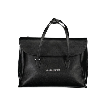 Mario Valentino Black Polyethylene Handbag with adjustable strap, laptop and pen holder, snap closure, and logo detail.