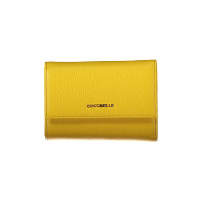 Coccinelle Yellow Leather Wallet with zip and automatic closure, featuring metallic soft leather, 3 compartments, and external coin pocket.