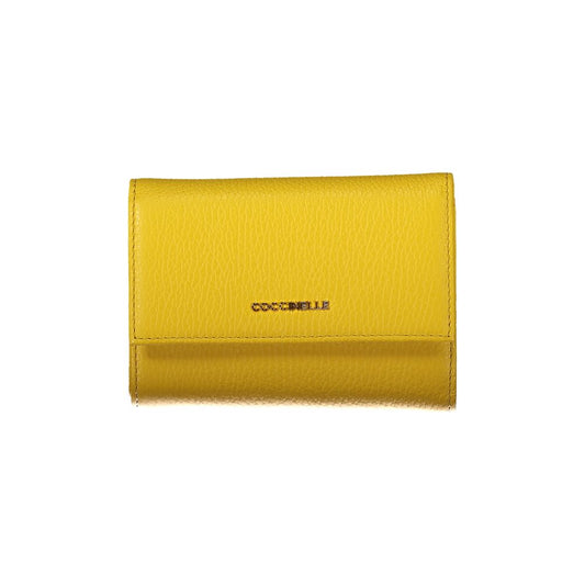 Coccinelle Yellow Leather Wallet with metallic finish, 3 compartments, card slots, external coin pocket, and logo detail.