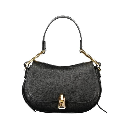 Coccinelle Black Leather Handbag with adjustable strap, twist closure, and logo detail. Features internal pocket.
