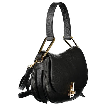Coccinelle Black Leather Handbag with adjustable and removable shoulder strap, twist closure, logo, and internal pocket.