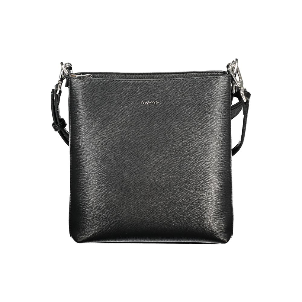 Calvin Klein Black Polyester Handbag with shoulder handle and adjustable strap, internal pocket, zip closure, and logo detail