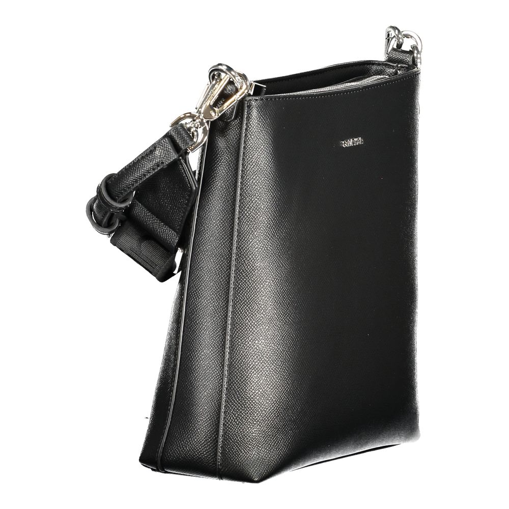 Calvin Klein Black Polyester Handbag with adjustable strap, internal pocket, and logo, showcasing sleek design and zip closure.