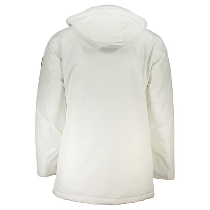 Hugo Boss White Polyamide Men's Jacket with removable hood and long sleeves, back view showcasing premium craftsmanship.
