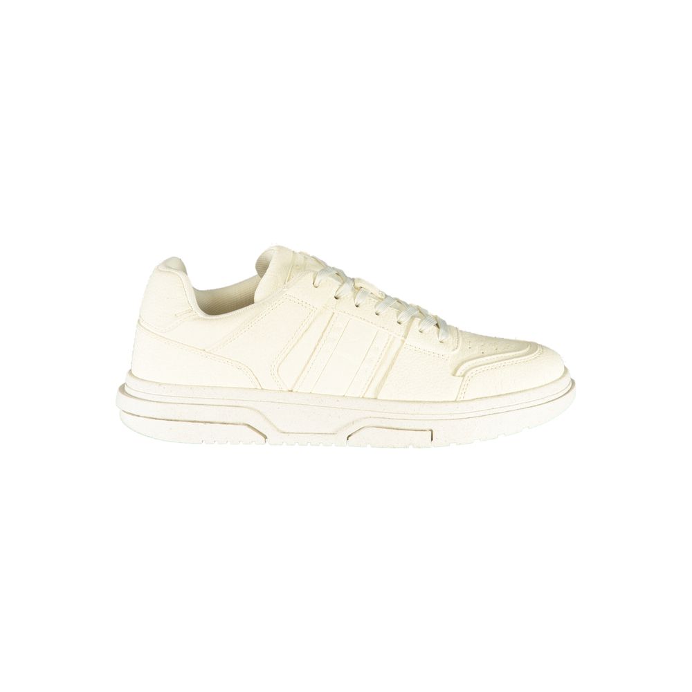 Tommy Hilfiger White Polyester Sneaker with laces, contrast details, and logo in side view.