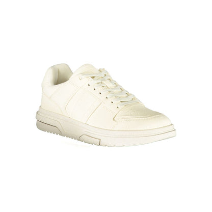 Tommy Hilfiger White Polyester Sneaker with laces, contrast details, and logo. Ideal sports footwear.