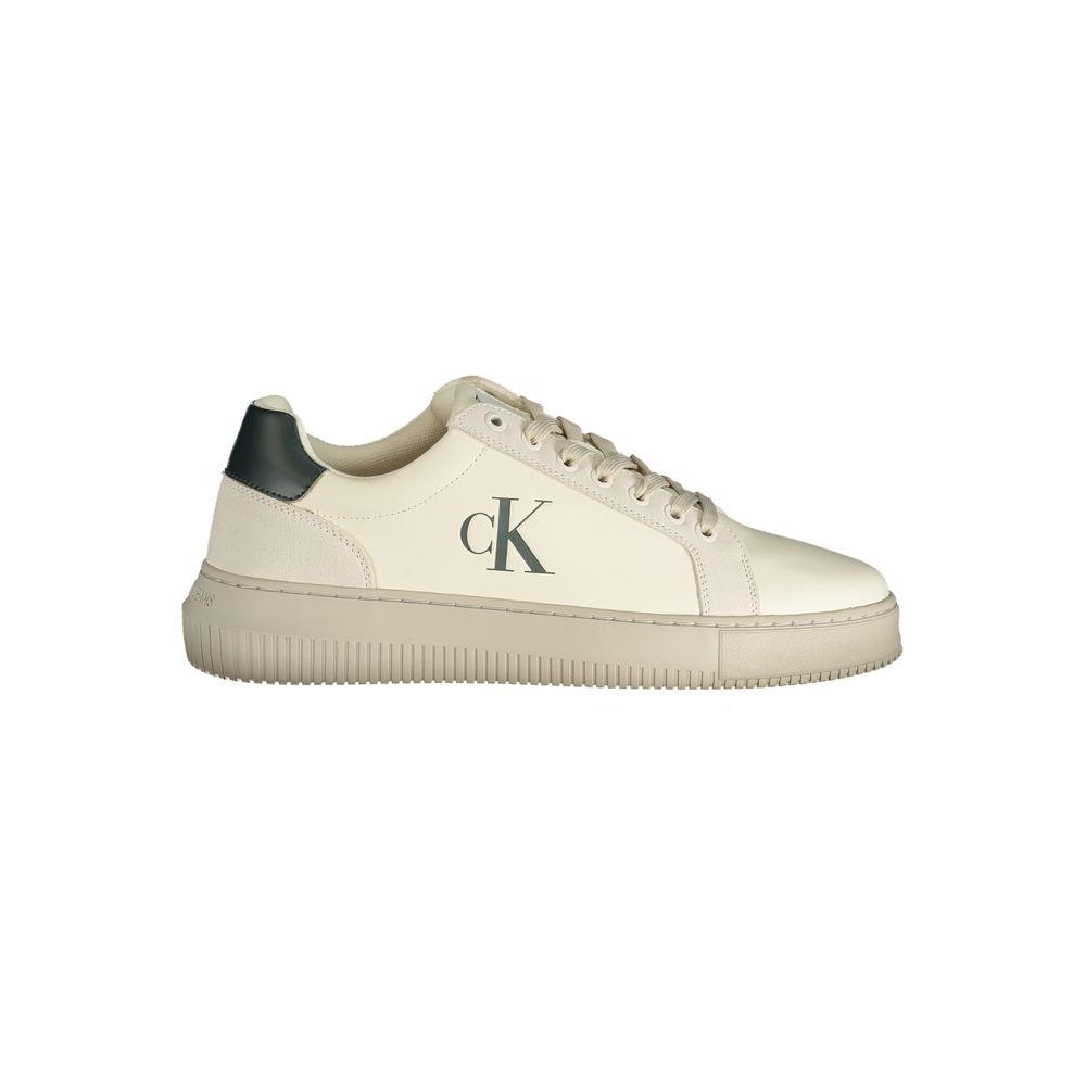 Calvin Klein White Polyester Sneaker with laces, logo, print, and recycled thermoplastic rubber sole.