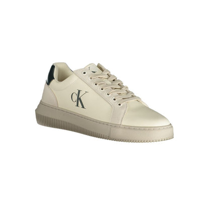 Calvin Klein White Polyester Sneaker with logo, contrasting details, and 50% recycled thermoplastic rubber sole. Sports shoe with laces.