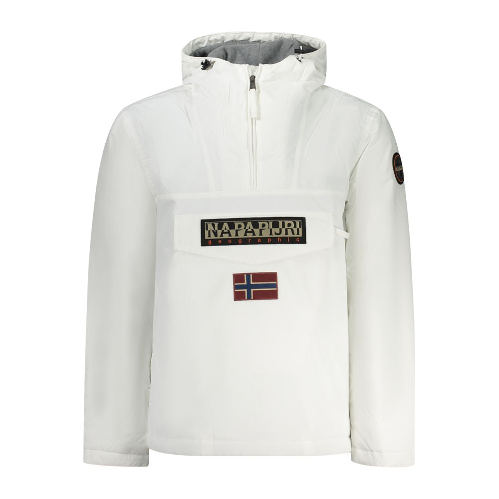 Napapijri White Polyamide Men Jacket with hood, central pocket, and sleek white design.
