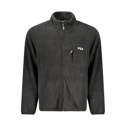 Fila Black Polyester Men Jacket with embroidered logo, fleece material, snug fit, long sleeves, and three practical pockets for versatility.