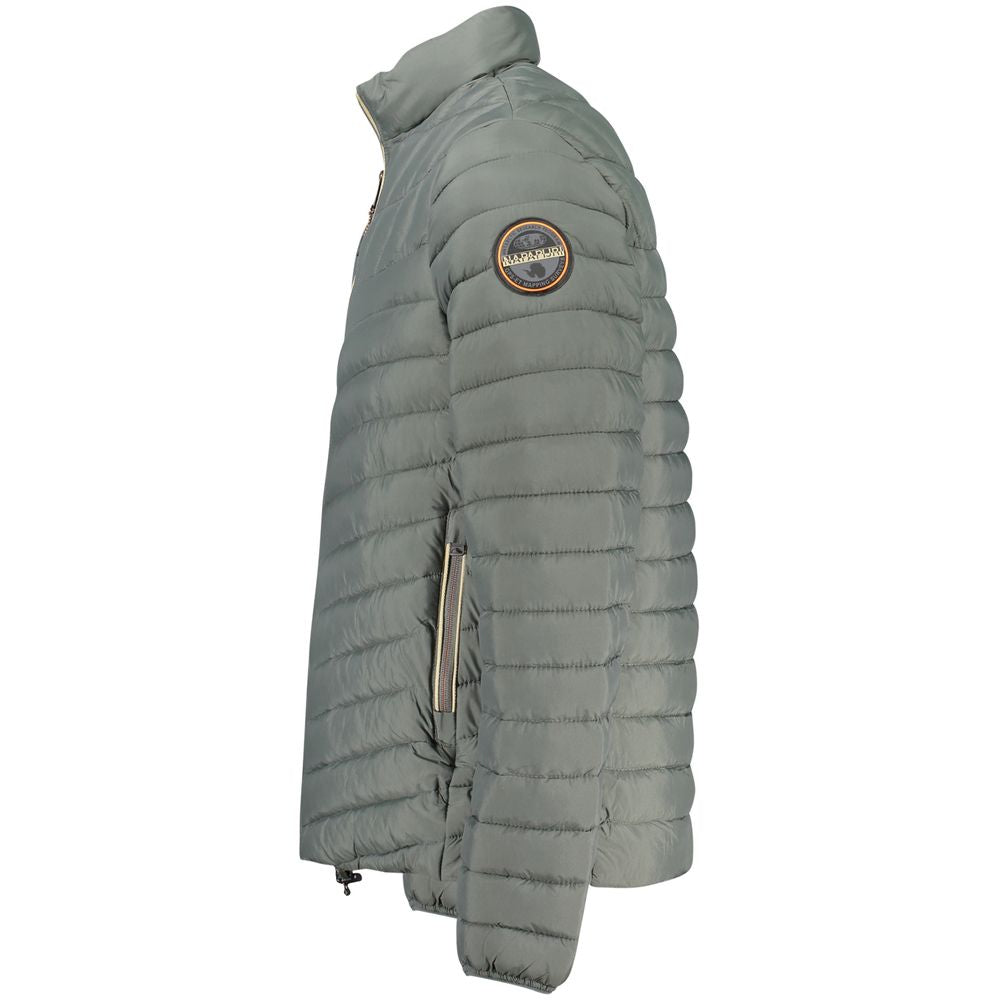 Napapijri Green Polyamide Men Jacket featuring external pockets and logo detail, perfect for stylish and functional outerwear.