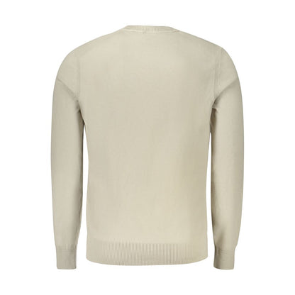 Back view of Hugo Boss Beige Cotton Sweater with crew neck and logo embroidery, featuring long sleeves.