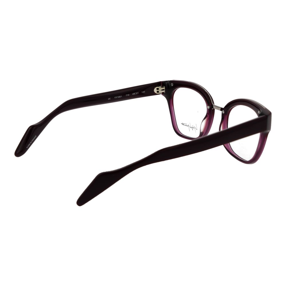 Yohji Yamamoto Purple Women Glasses Frame, acetate full-rim butterfly style with demo lenses and 140mm temples, shown in side view.