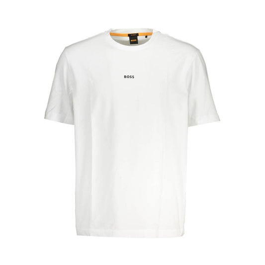 Hugo Boss White Cotton T-Shirt, relaxed fit, short sleeve, crew neck, organic cotton, featuring logo application.