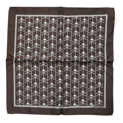 Dolce & Gabbana Brown Skull Silk Square Men Foulard Scarf