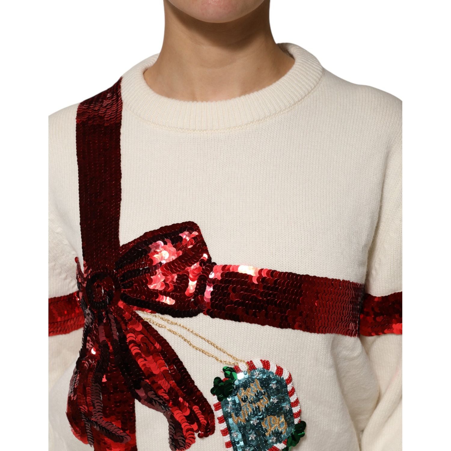 Dolce & Gabbana White Sequined Crew Neck Pullover Sweater