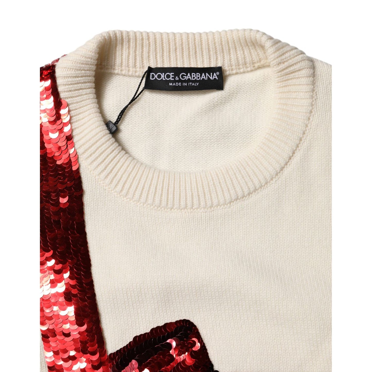 Dolce & Gabbana White Sequined Crew Neck Pullover Sweater