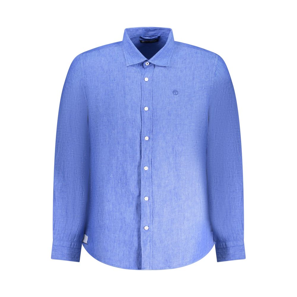 North Sails Blue Linen Shirt with Italian collar, long sleeves, and button cuffs, featuring Ocean Positive logo embroidery.