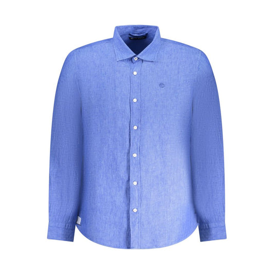 North Sails Blue Linen Shirt with Italian collar, long sleeves, 1 button cuffs, elegant button design, and embroidery logo.