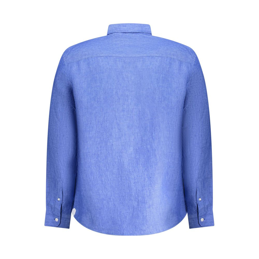 Back view of North Sails Blue Linen Shirt featuring long sleeves, Italian collar, button cuffs, and logo embroidery.