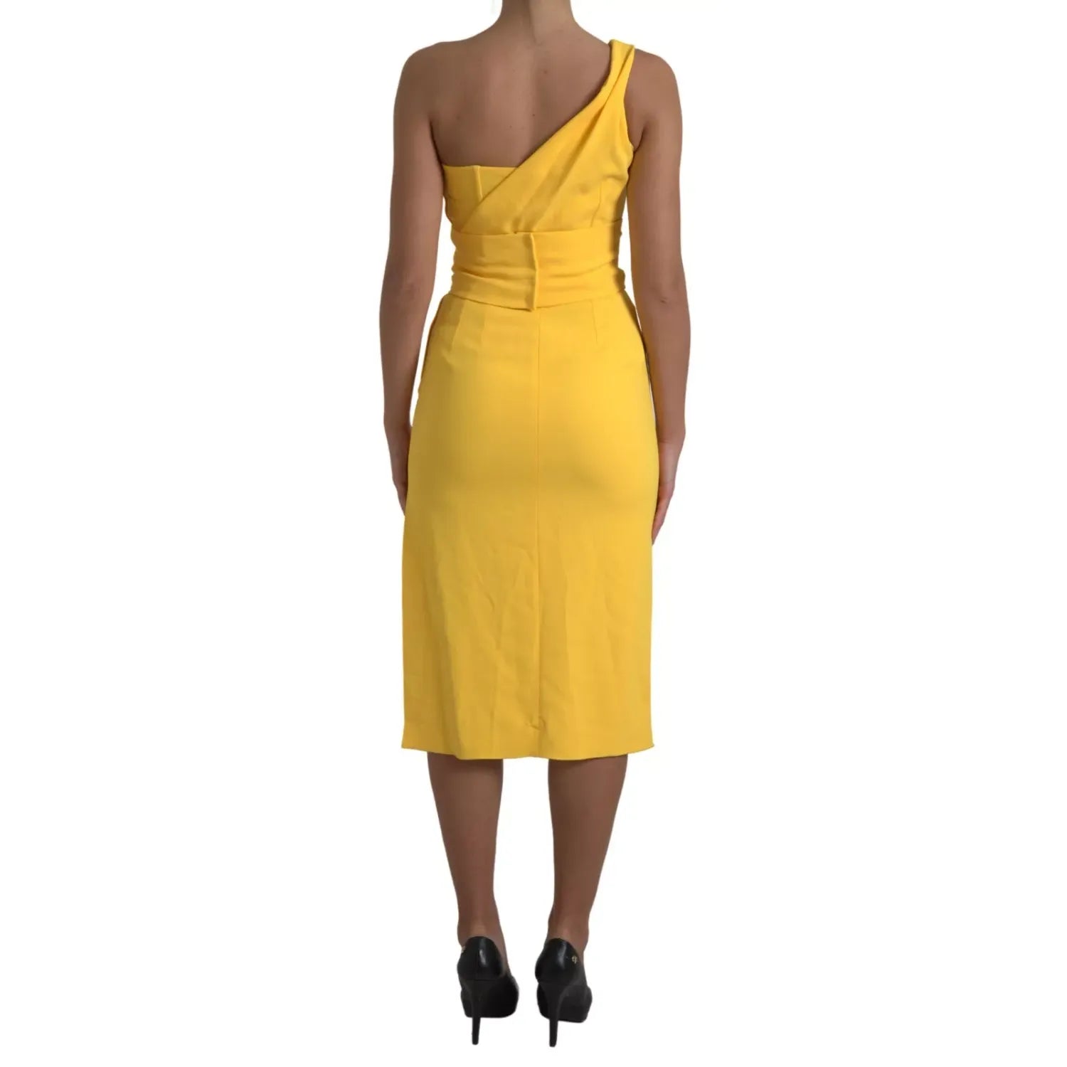 Dolce & Gabbana Yellow One Shoulder Slit Sheath Midi Dress