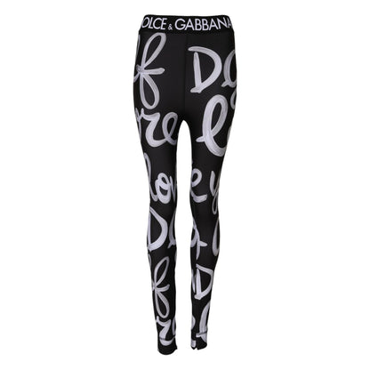 Dolce & Gabbana Black Polyester Logo Print Mid Waisted Pants
