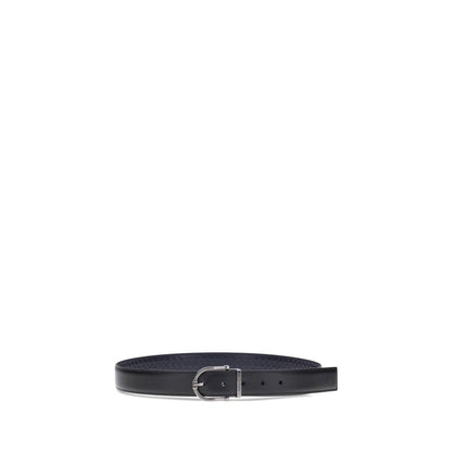 Ferragamo Black Calf Leather Bos Taurus Belt with geometric buckle and reversible design.