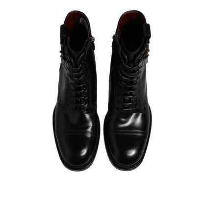 Dolce & Gabbana Black Leather Mid Calf Boots Lace Up Shoes