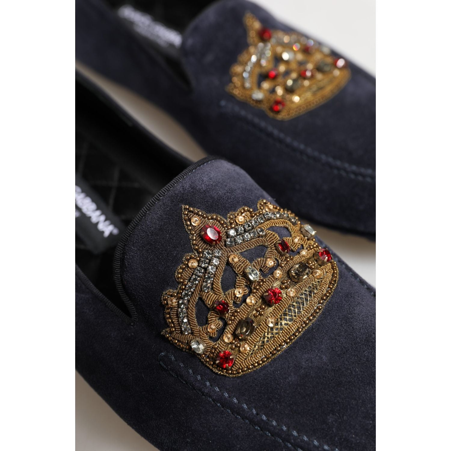 Dolce & Gabbana Blue Suede Crown Crystal Loafers Dress Shoes