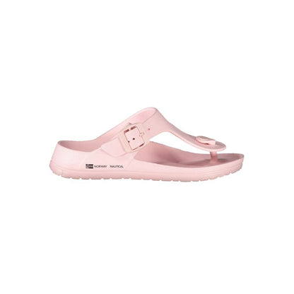 Norway 1963 Pink Plastic Women Sandal with adjustable buckle and logo on pink flip-flop, ideal for summer fashion.