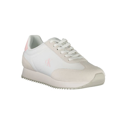 Calvin Klein White Leather Women Sneaker with pink accents and logo, lace-up design for comfort and style.