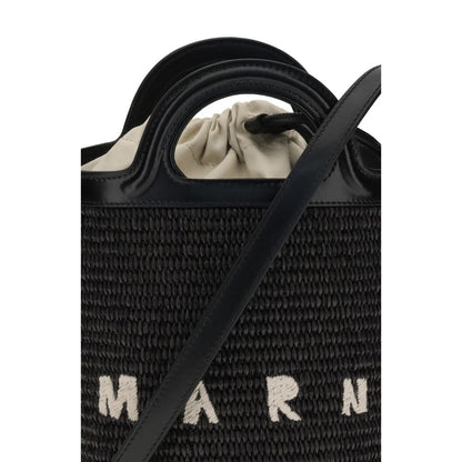 Marni Black Cotton Backet Bag with raffia design, leather handles, and drawstring closure.