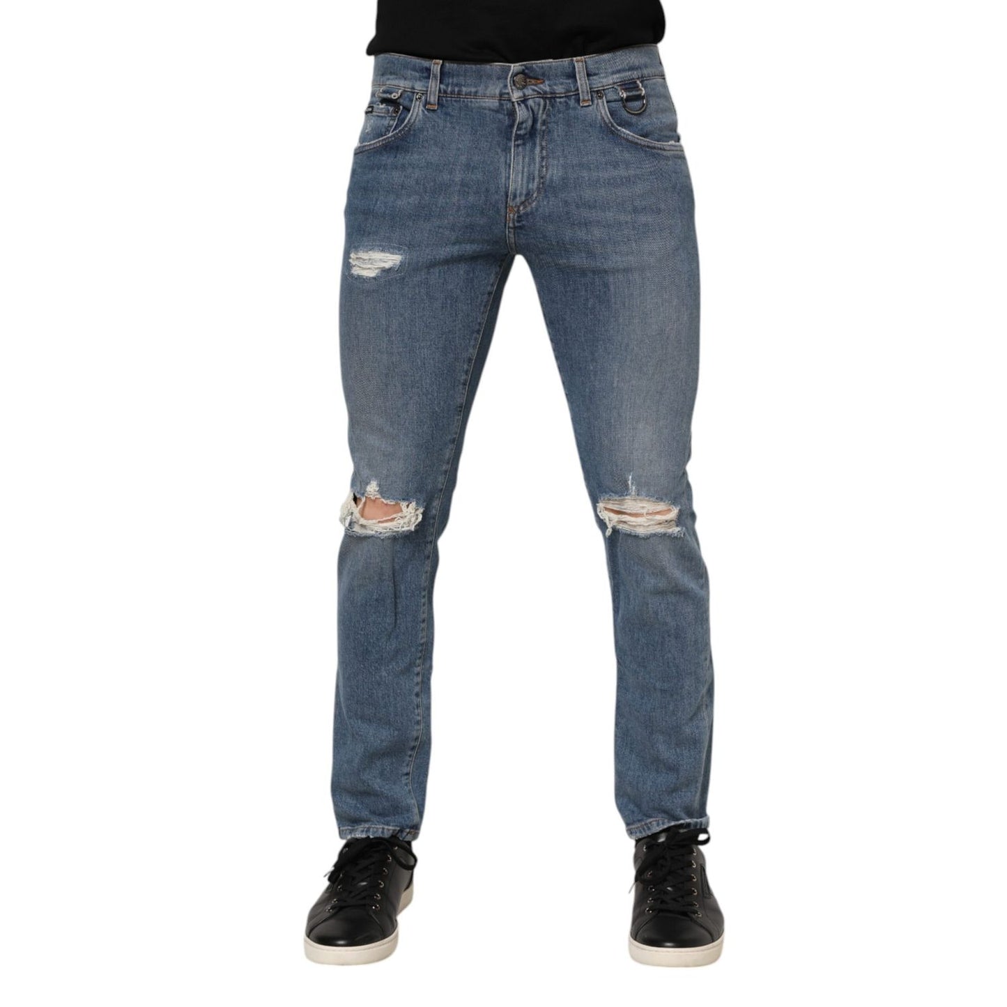 Dolce & Gabbana Blue Cotton Tattered Skinny Logo Denim Jeans