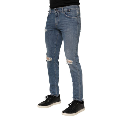 Dolce & Gabbana Blue Cotton Tattered Skinny Logo Denim Jeans