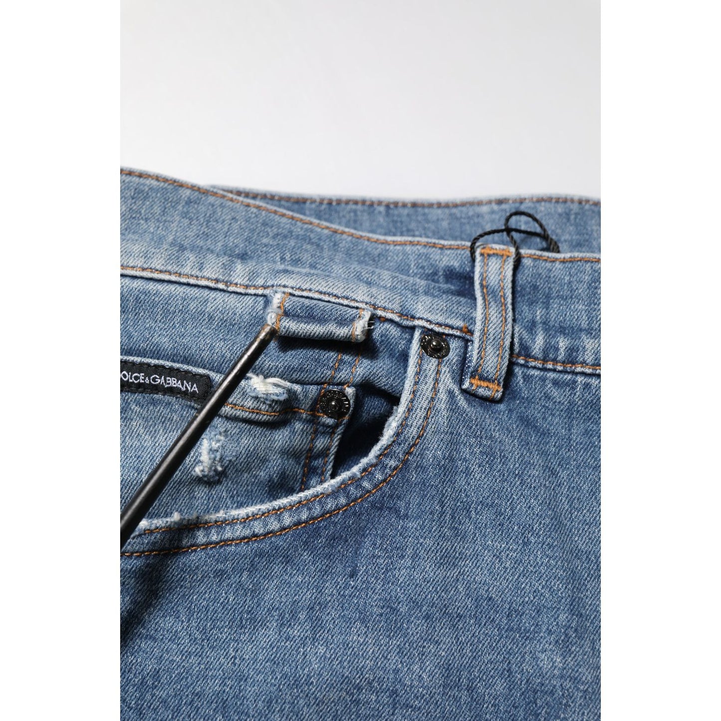 Dolce & Gabbana Blue Cotton Tattered Skinny Logo Denim Jeans