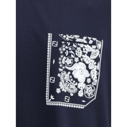 Fendi Blue Cotton T-Shirt with bandana print pocket and monogram patch, Autumn Winter 2025, 100% cotton, made in Italy.